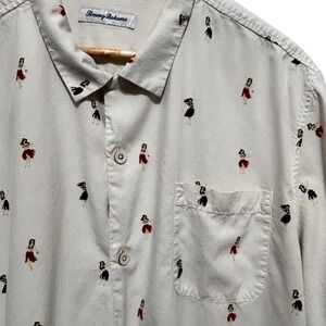 Tommy Bahama Mens Silk Camp Shirt XL Cream Hula Girl Novelty Print Y2K Resort